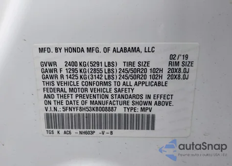 2019 Honda Passport Ex-L из США, поврежденный, VIN 5FNYF8H53KB008887